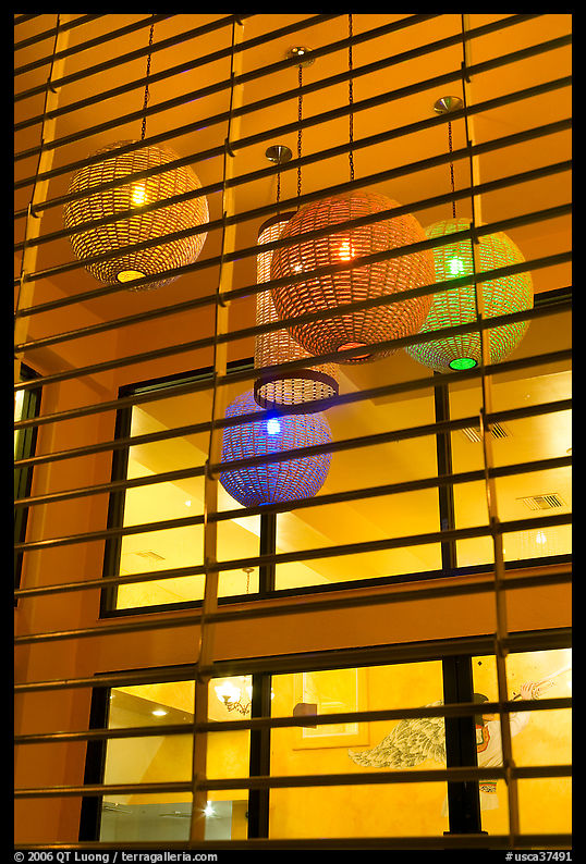 Lanterns in restaurant lobby. Burlingame, SF Bay area, California, USA