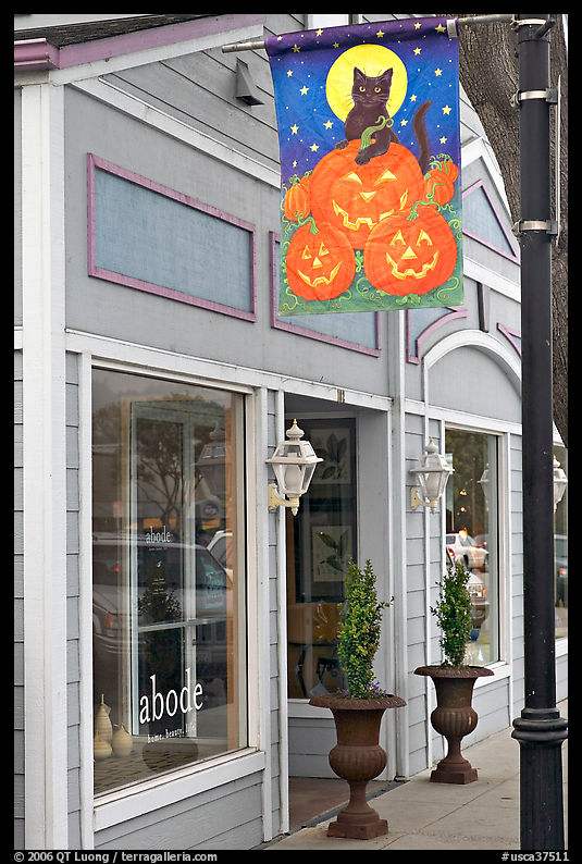 Storefront on Main Street with Halloween street decor. Half Moon Bay, California, USA