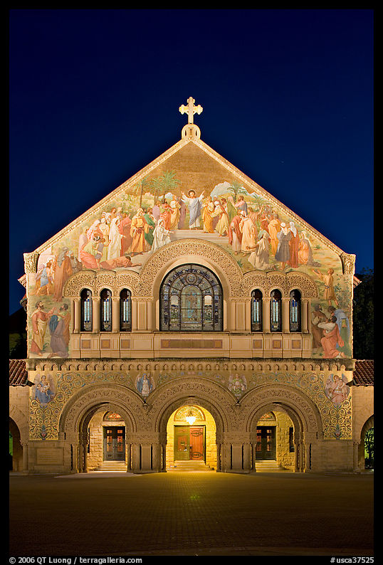 Memorial Church facade at night. Stanford University, SF Bay area, California, USA