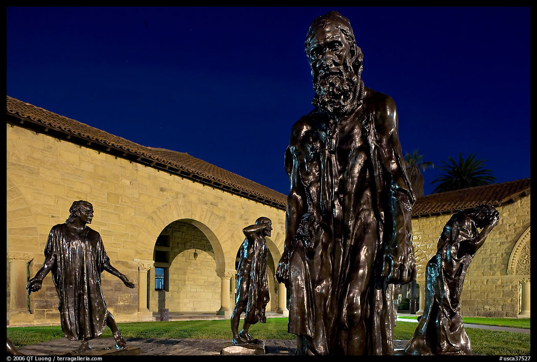 Rodin Burghers of Calais in the Main Quad at night. Stanford University, SF Bay area, California, USA