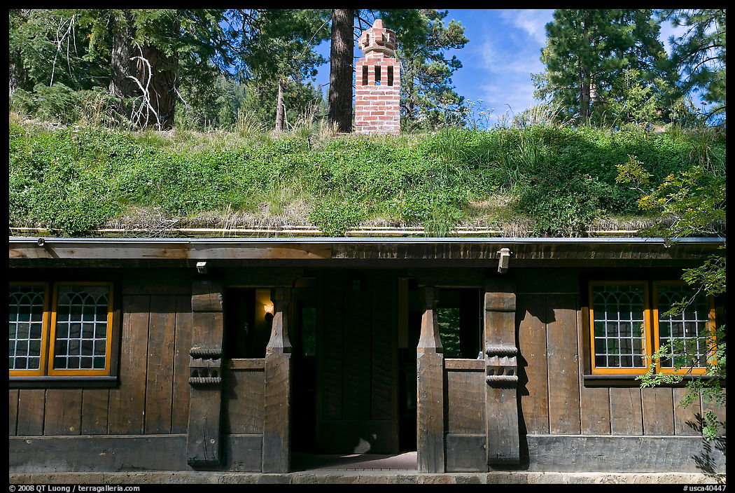 Wooden walls and Scandinavian-style grass-covered roof, Vikingsholm, Lake Tahoe, California. USA