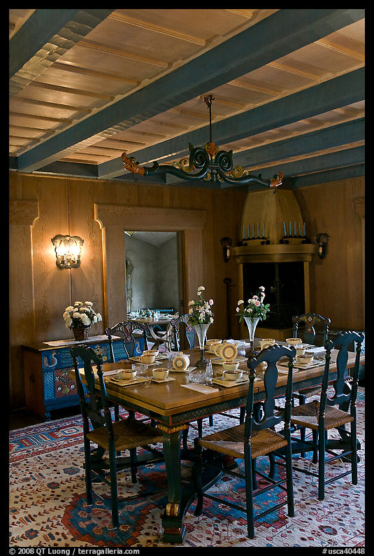 Dining room and dining table, Vikingsholm, Lake Tahoe, California. USA