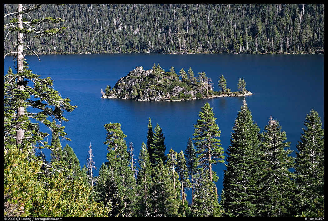 Forested slopes and Fannette Island, Emerald Bay, California. USA