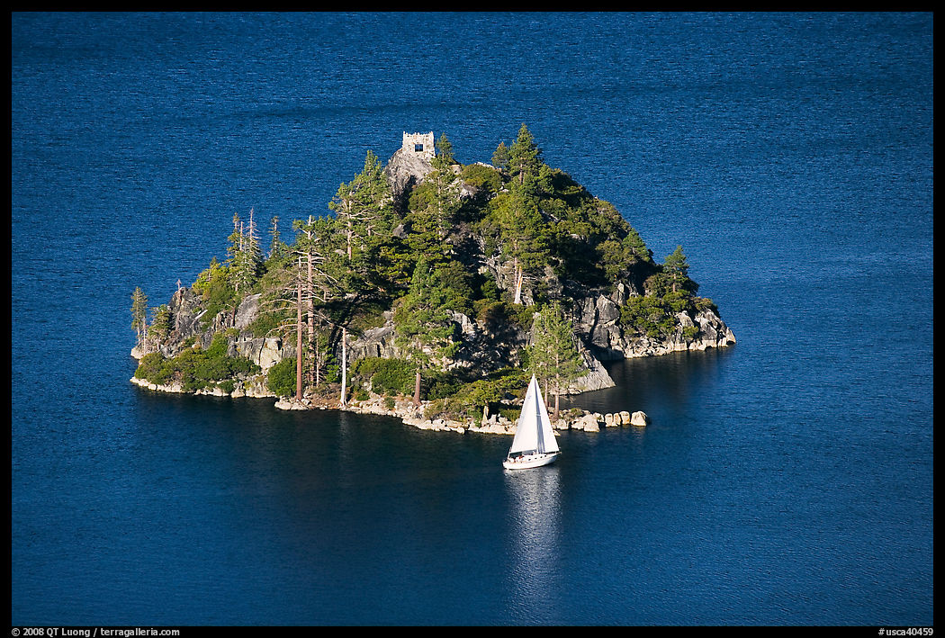 Yacht near Fannette Island, and sailboat, Emerald Bay State Park, California. USA