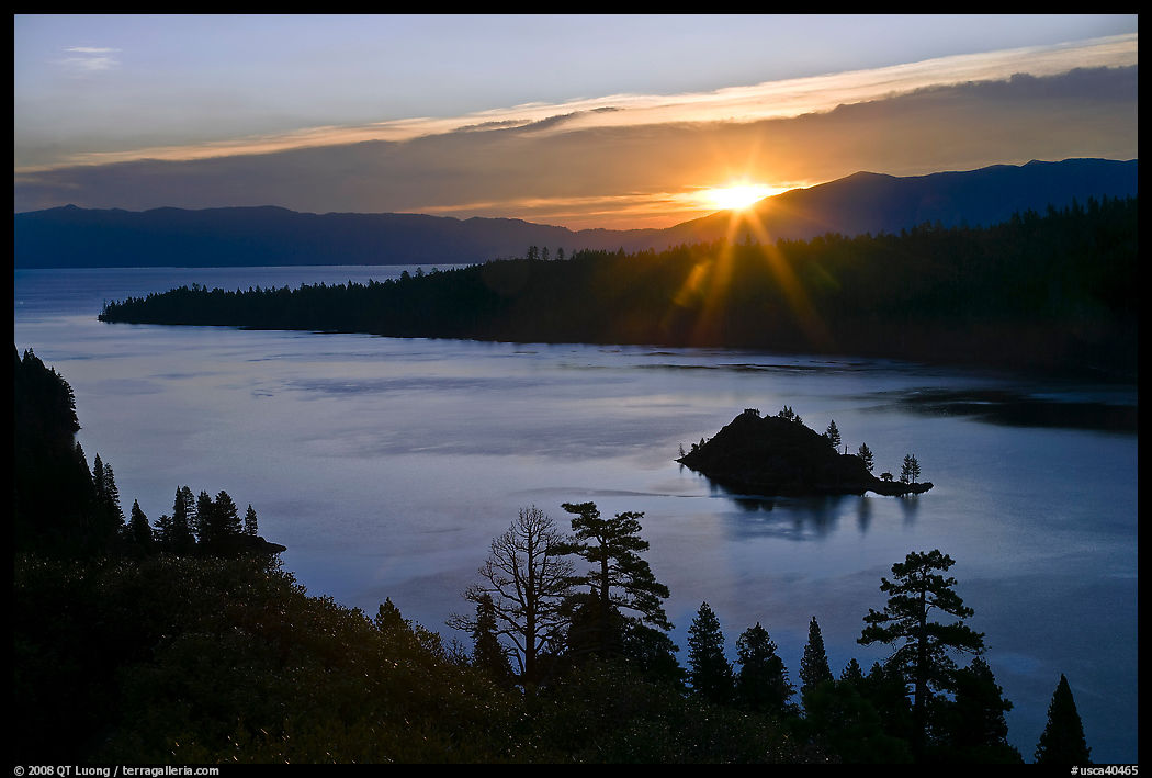 Sun shining under clouds, Emerald Bay and Lake Tahoe, California. USA