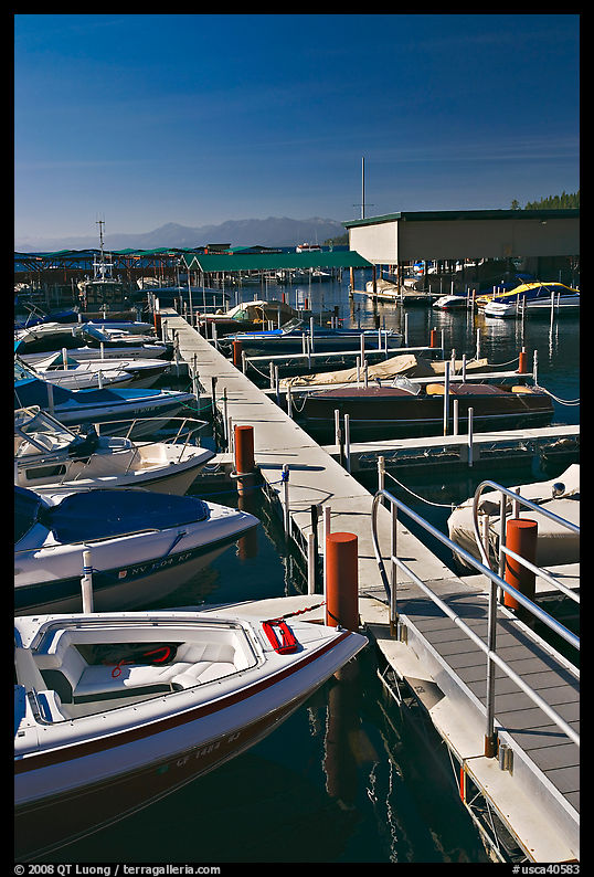 Small boats and dock, Sunnyside marina, Lake Tahoe, California. USA
