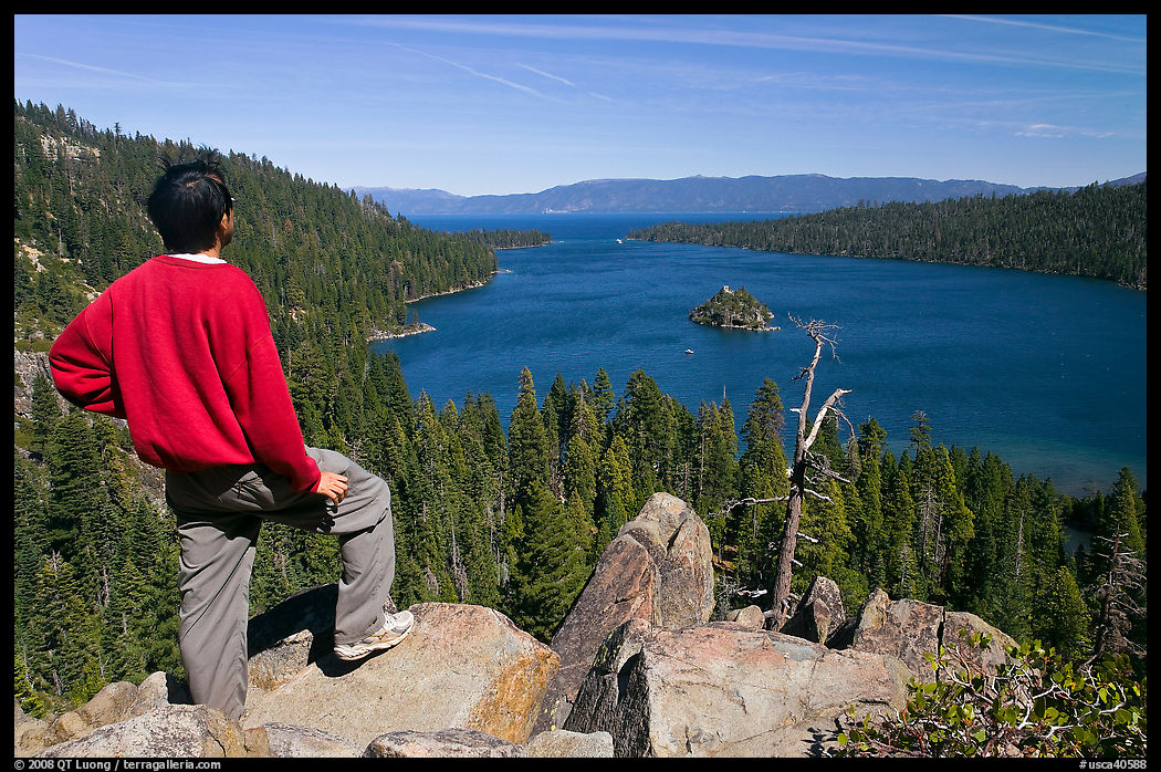 Man standing above Emerald Bay, Lake Tahoe, California. USA
