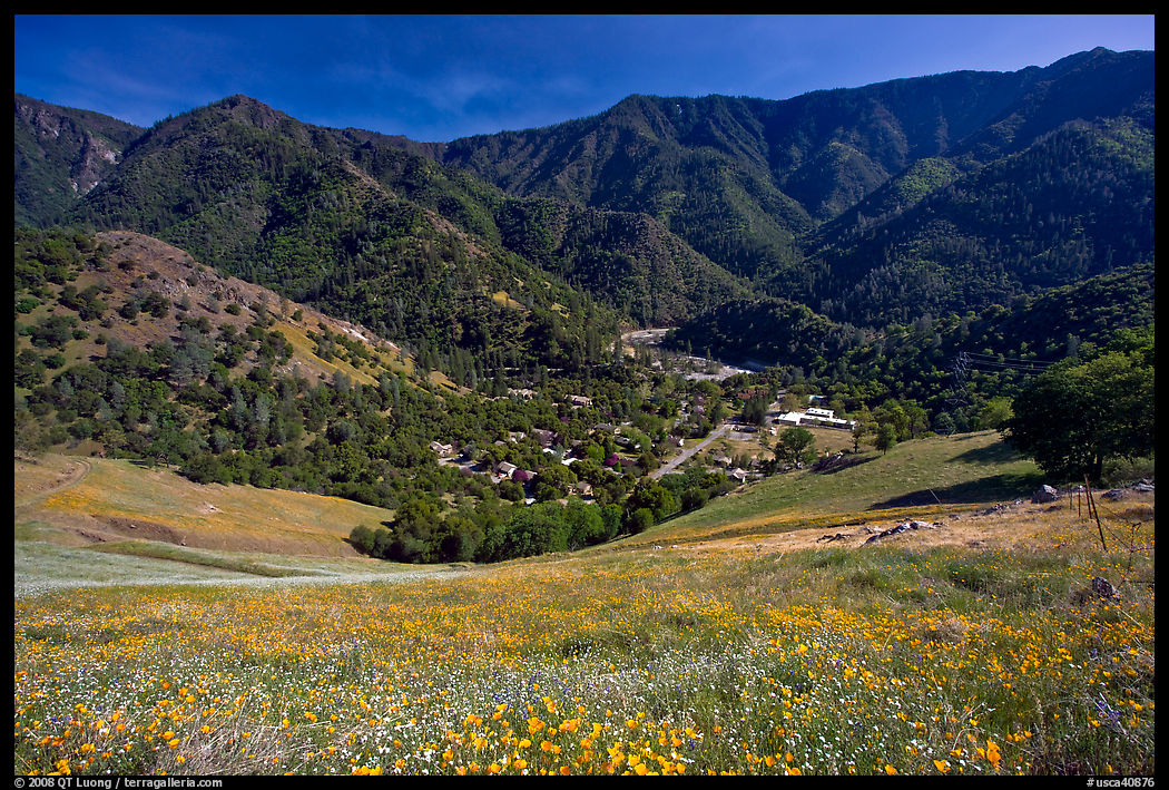 El Portal, nested below hills covered with spring flowers. El Portal, California, USA