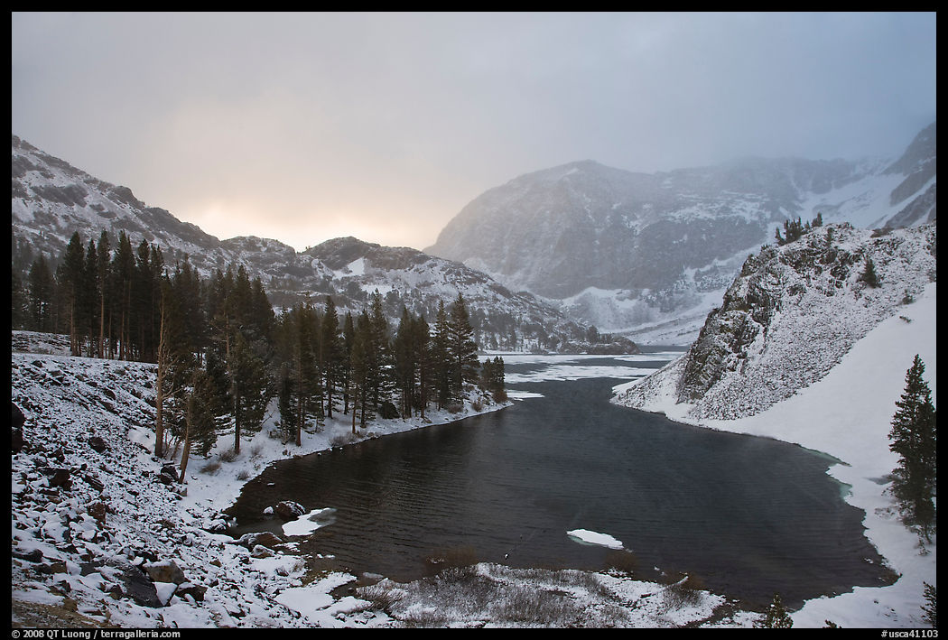 Ellery Lake with fresh snow, sunrise. California, USA