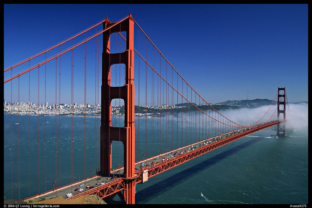Golden Gate bridge and fog seen from Battery Spencer, afternoon. San Francisco, California, USA