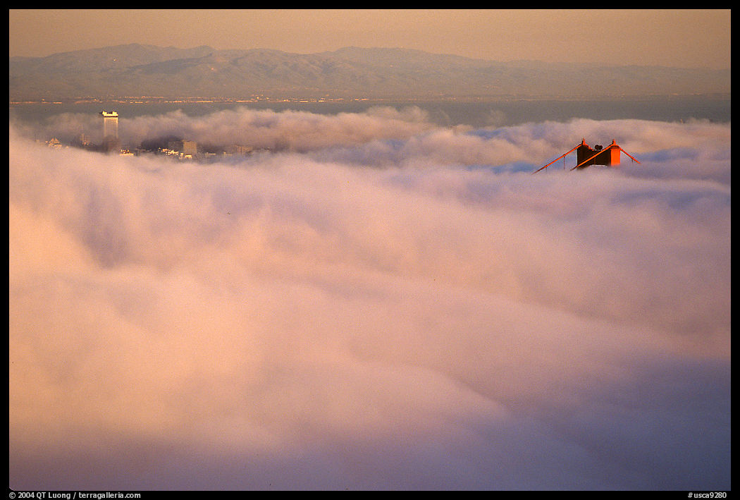 Pilar of the Golden Gate Bridge emerging from the fog at sunset. San Francisco, California, USA
