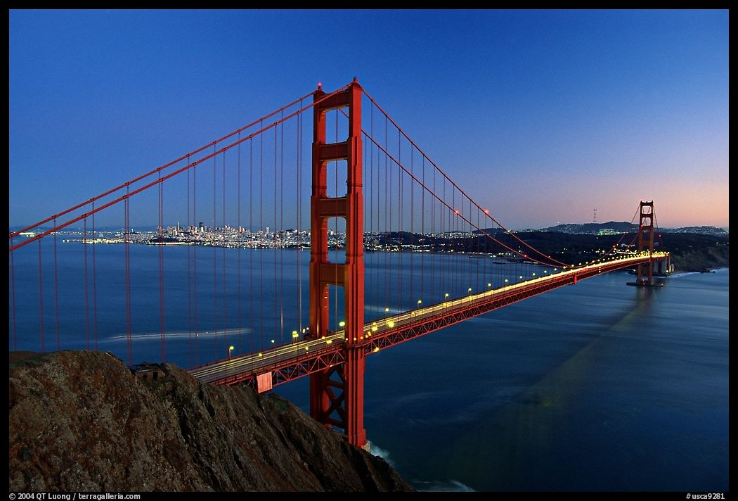 Golden Gate bridge seen from Battery Spencer, dusk. San Francisco, California, USA
