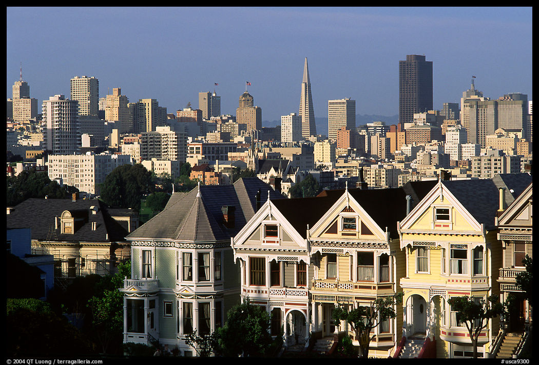 Victorians at Alamo Square and skyline, afternoon. San Francisco, California, USA