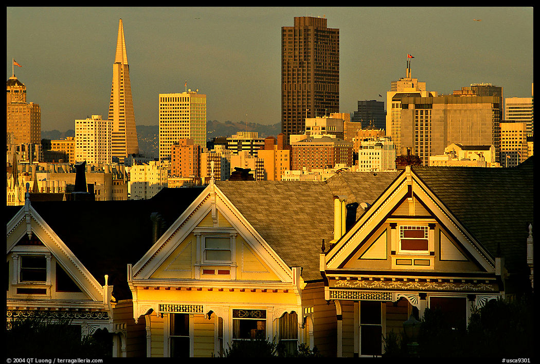 Victorians at Alamo Square and skyline, late afternoon. San Francisco, California, USA
