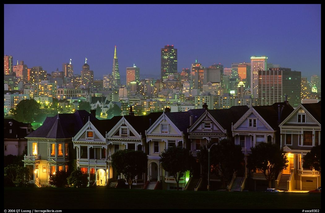 Victorians at Alamo Square and skyline, night. San Francisco, California, USA