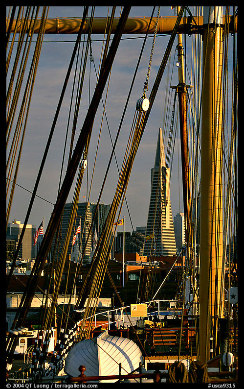 Transamerica Pyramid  seen through the masts of the Balclutha. San Francisco, California, USA