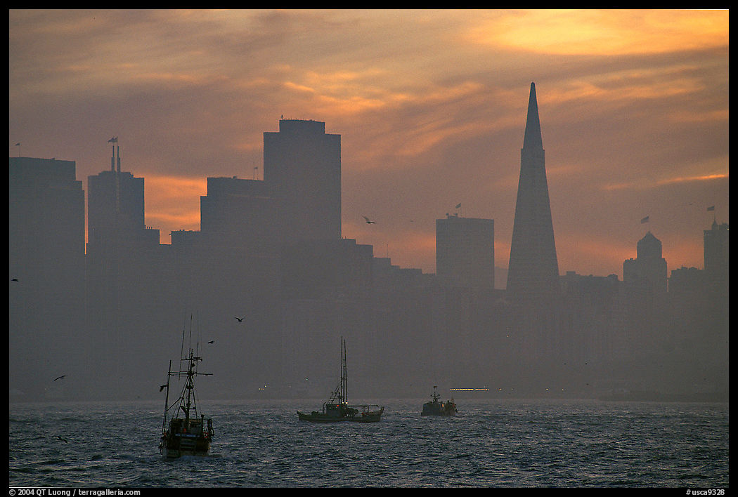 City skyline with sunset clouds seen from Treasure Island. San Francisco, California, USA