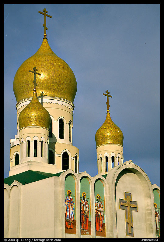 Bulbs of Russian Orthodox Holy Virgin Cathedral. San Francisco, California, USA