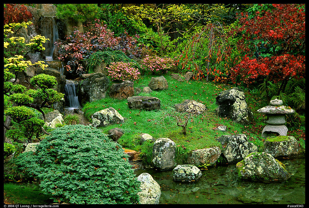 Cascade, rocks, and grass, Japanese Garden, Golden Gate Park. San Francisco, California, USA
