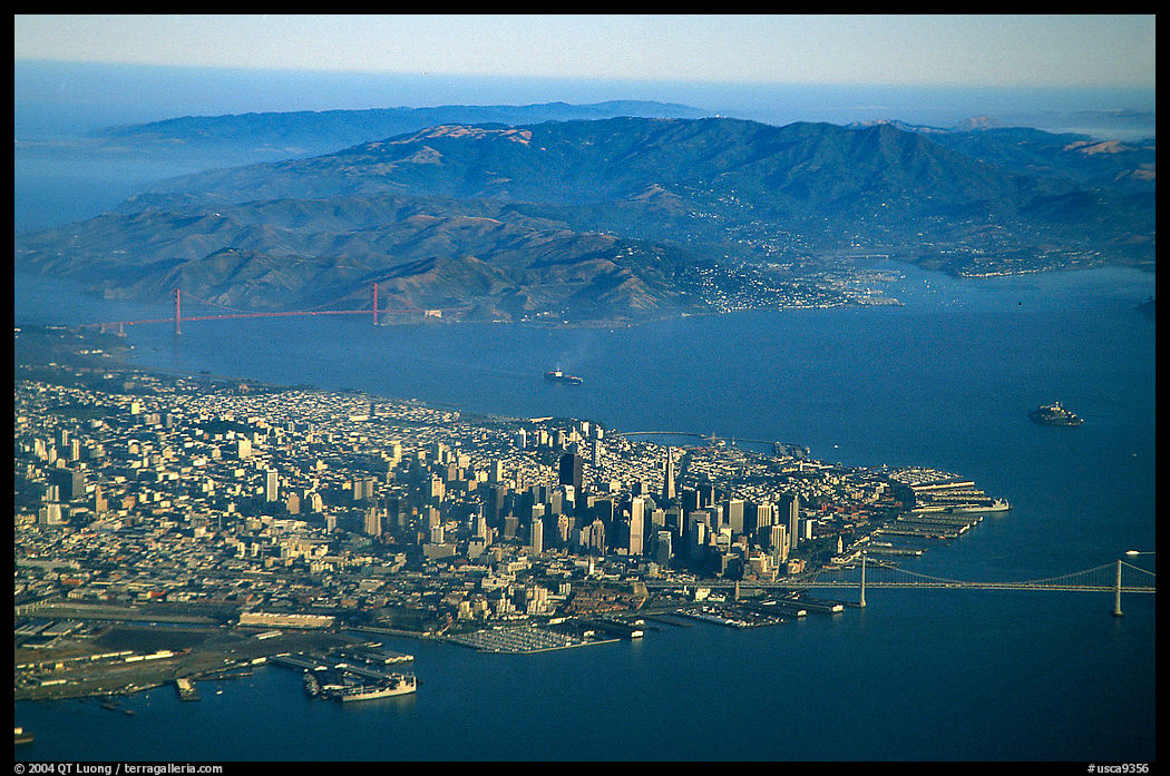 Aerial view of Downtown, the Golden Gate Bridge, and the Marin Headlands. San Francisco, California, USA