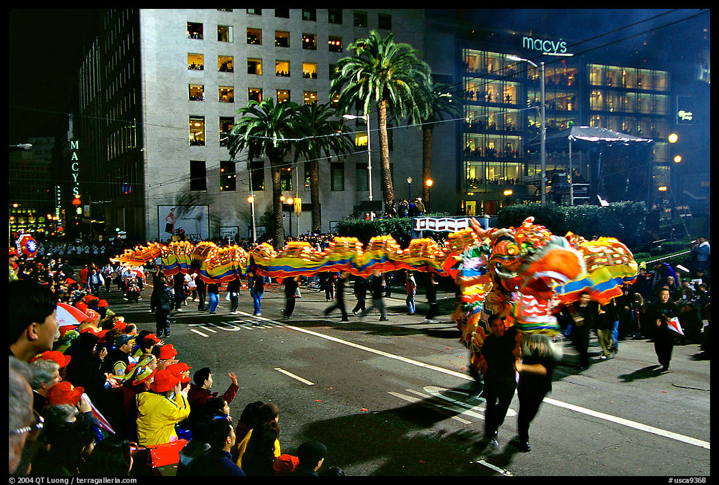Dragon dancing during the Chinese New Year celebration, Union Square. San Francisco, California, USA
