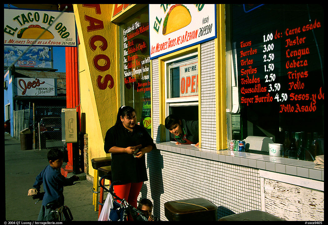 Hispanic women at a taco shop. Redwood City, SF Bay area, California, USA