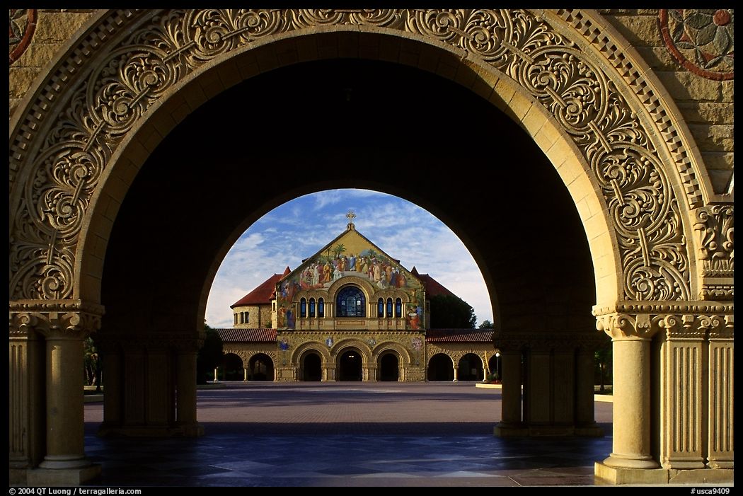 Memorial Chapel through the Quad's arch, early morning. Stanford University, SF Bay area, California, USA