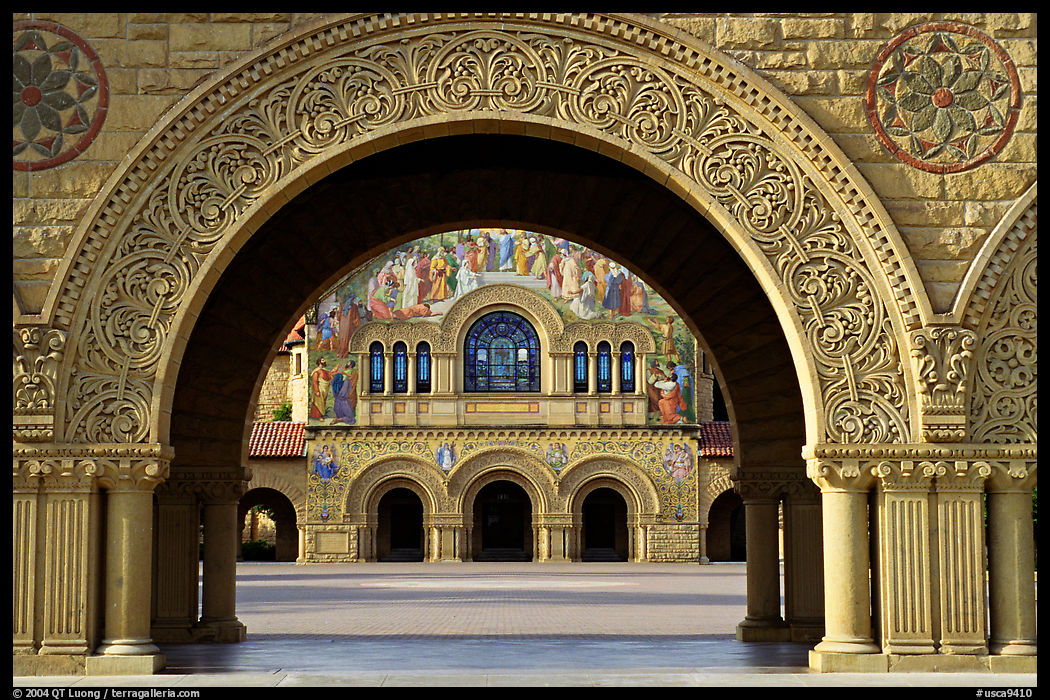 Memorial Church through the Quad's arch, early morning. Stanford University, SF Bay area, California, USA