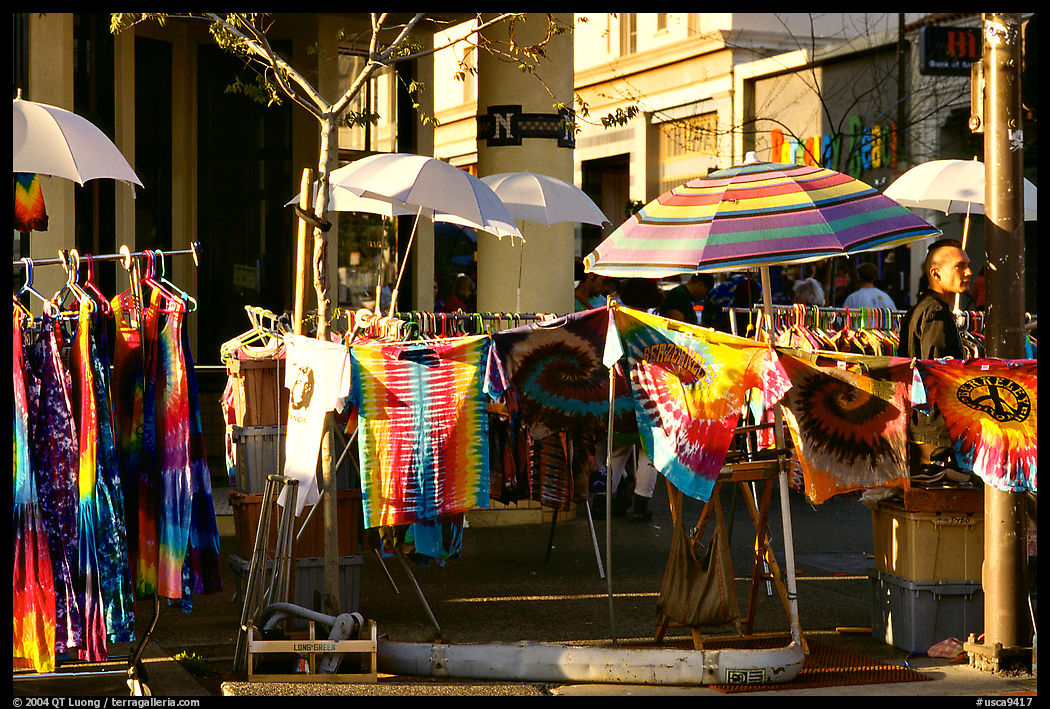 Colorful Tye die T-shirts for sale on Telegraph Avenue, Berkeley. Berkeley, California, USA