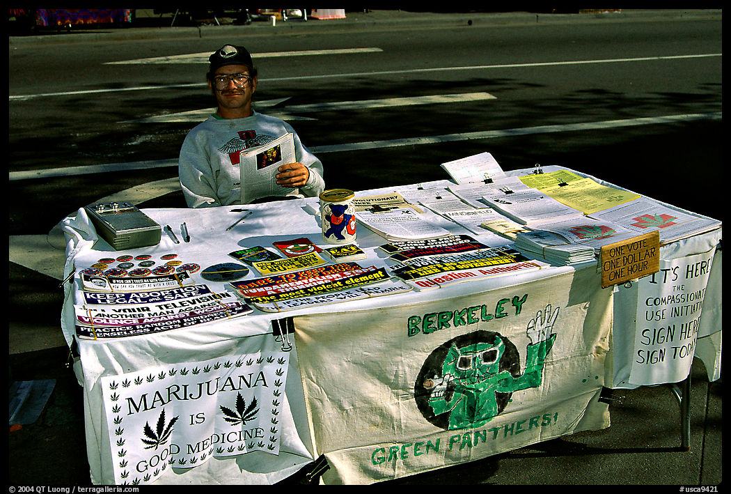 Street Booth advocating Drug legalization, Berkeley. Berkeley, California, USA