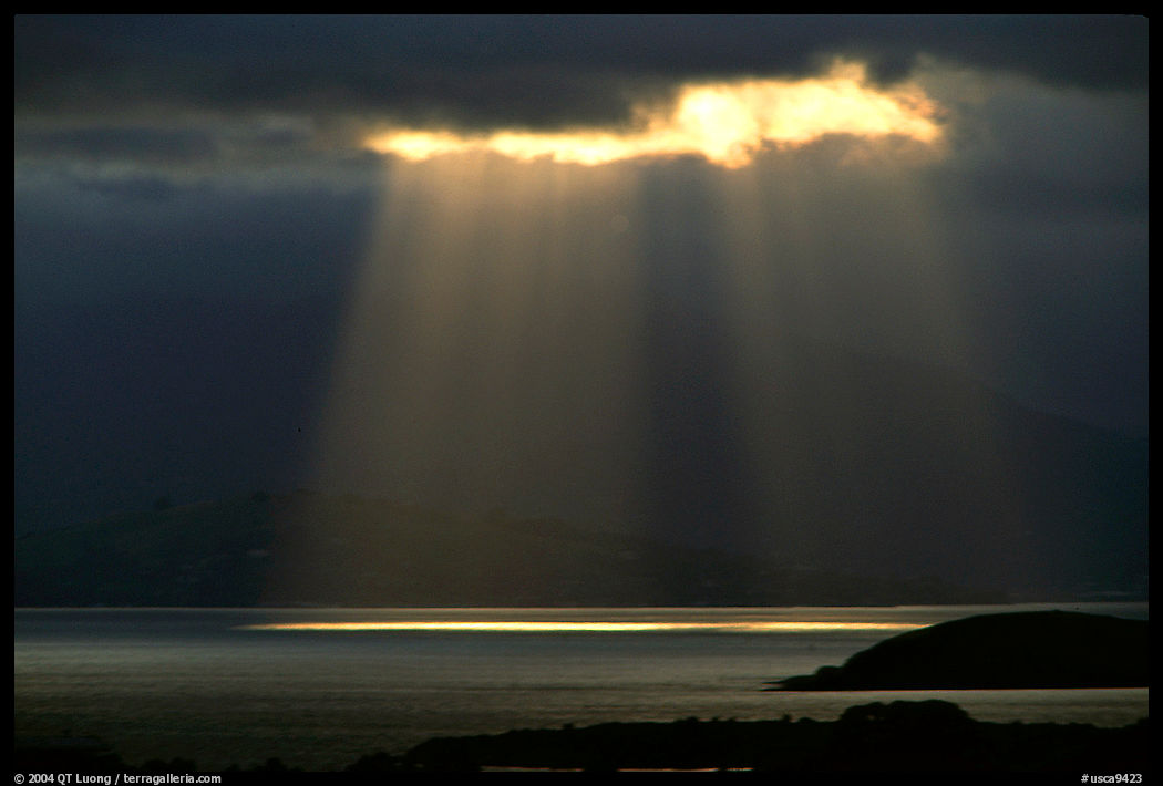 Sunbeams above the Golden Gate, seen from the Berkeley Hills. Berkeley, California, USA
