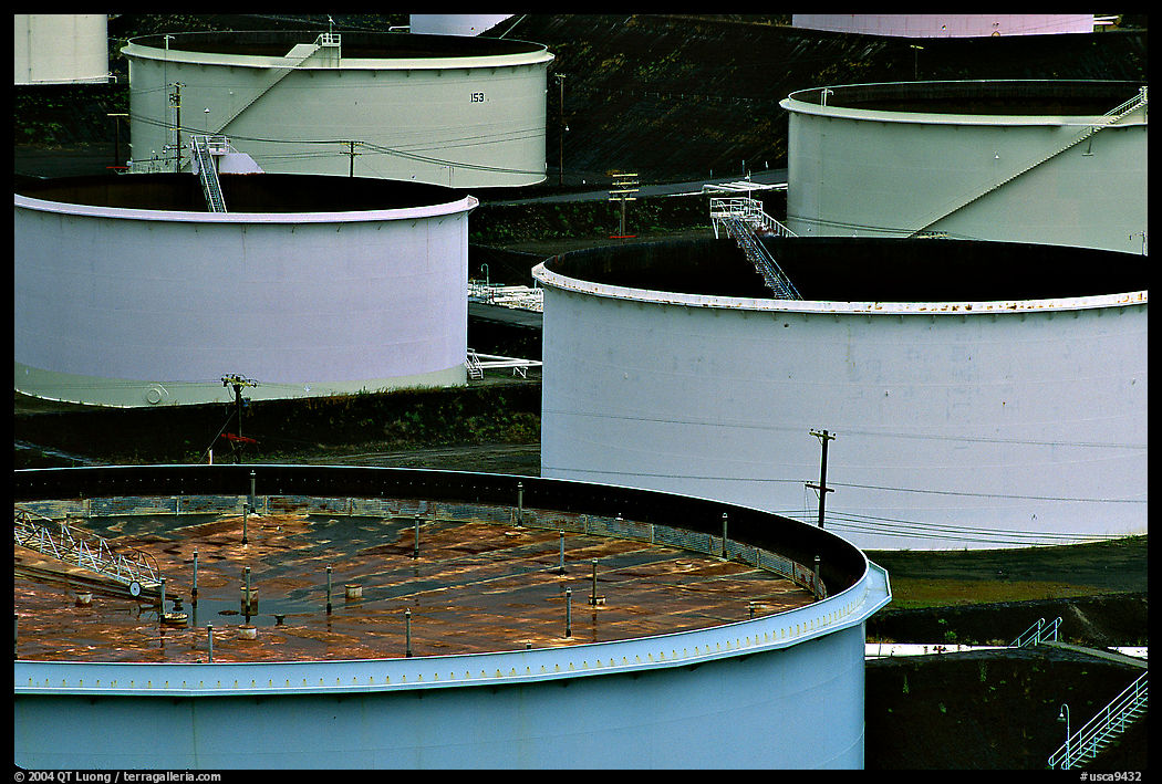 Storage citerns of Oil Refinery near Rodeo. SF Bay area, California, USA