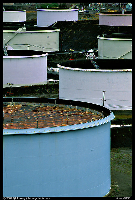 Storage citerns of Oil Refinery near Rodeo. SF Bay area, California, USA