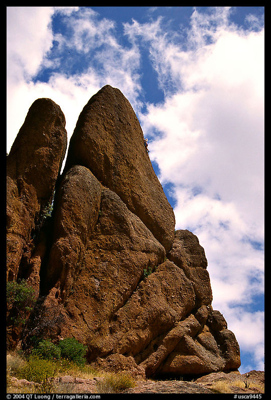 Spire with climbers, Pinnacles National Monument. California, USA