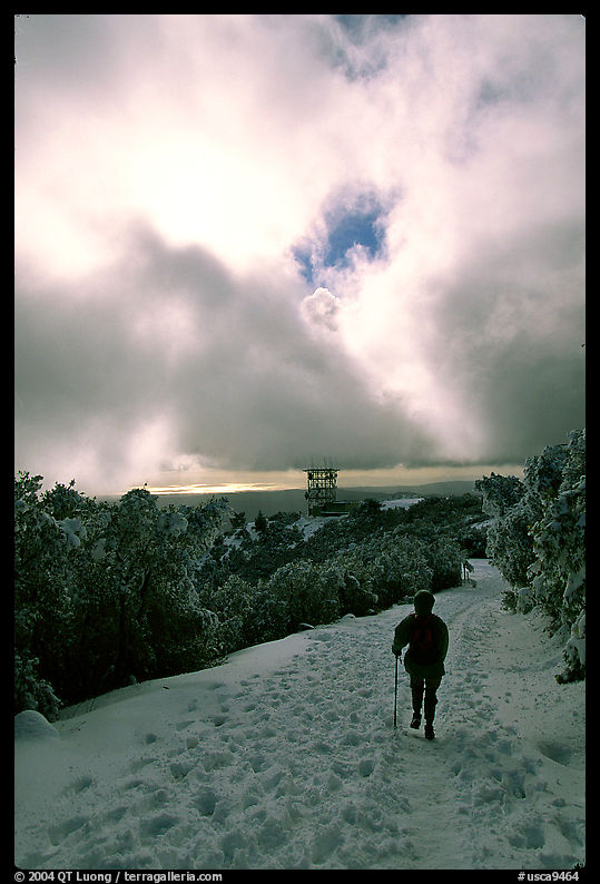 Summit trail after a snow-storm, Mt Diablo State Park. SF Bay area, California, USA