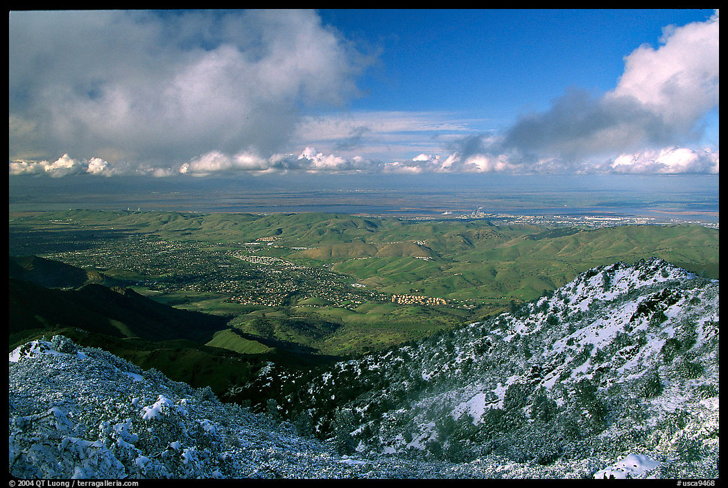 Looking towards the delta from the summit after a snow storm, Mt Diablo State Park. SF Bay area, California, USA