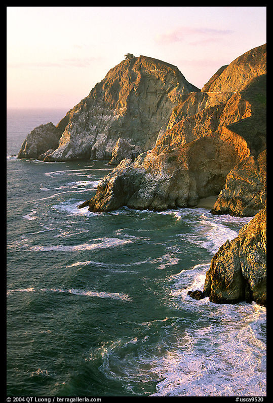 Cliffs and surf near Devil's slide, sunset. San Mateo County, California, USA