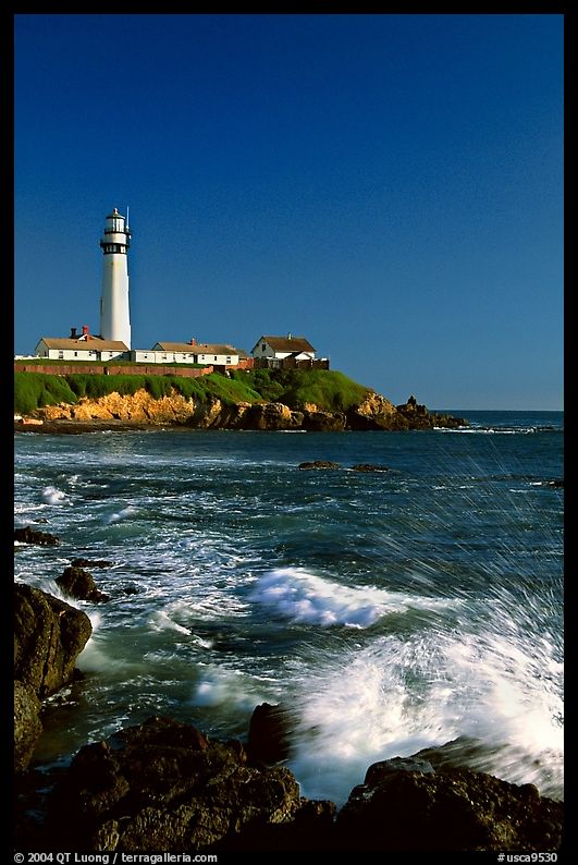 Surf and Pigeon Point Lighthouse, afternoon. San Mateo County, California, USA