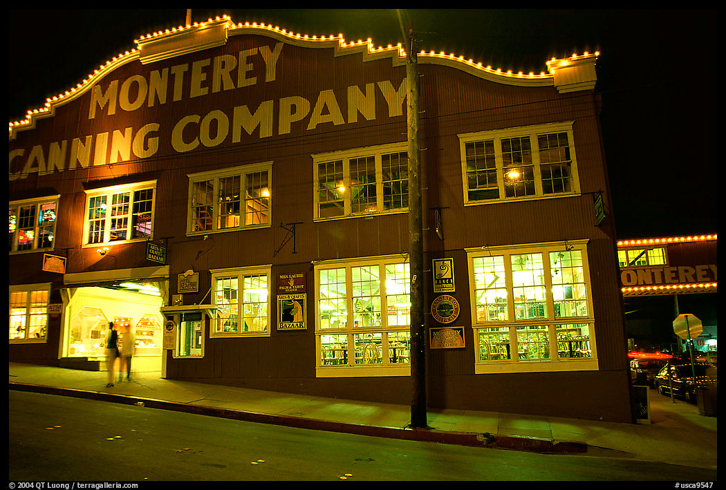 Cannery Row building at night, Monterey. Monterey, California, USA