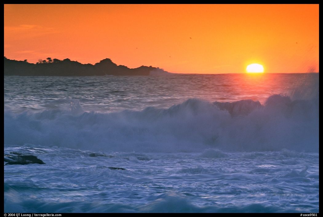 Crashing surf and sunset,  Carmel River State Beach. Carmel, California, USA