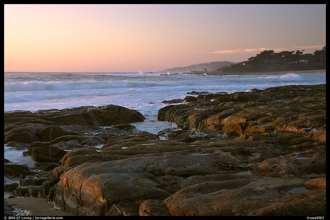 Rock ledges at  sunset,  Carmel River State Beach. Carmel, California, USA