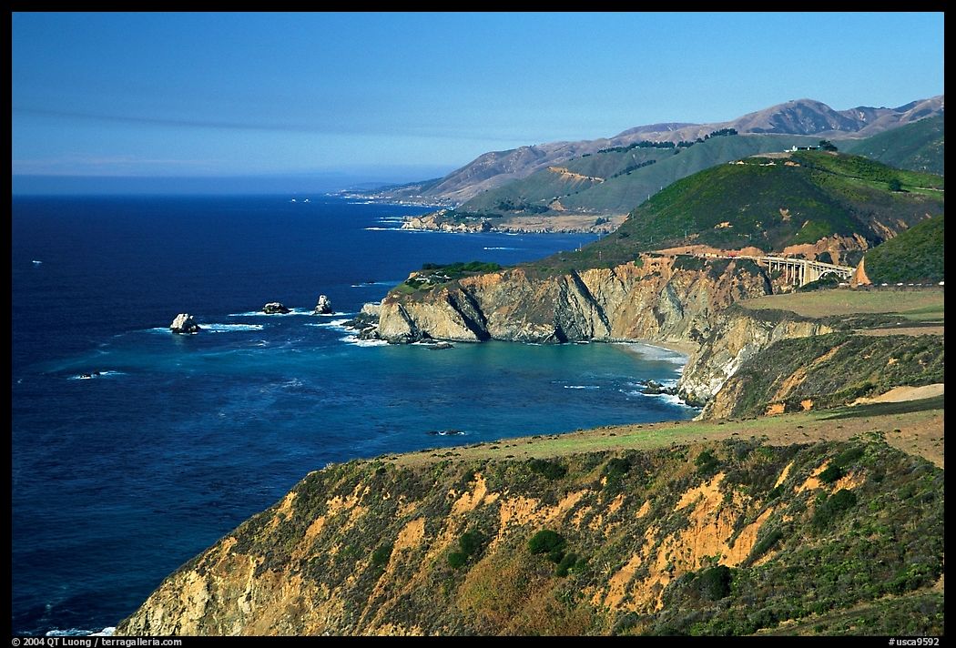 Distant view of Bixby Creek Bridge and coast, afternoon. Big Sur, California, USA