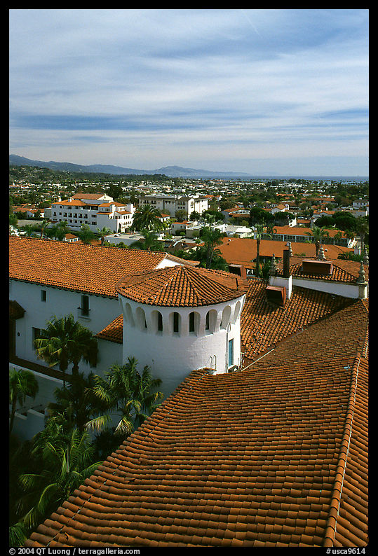 Red tile rooftoops of the courthouse, Santa Barbara. California, USA