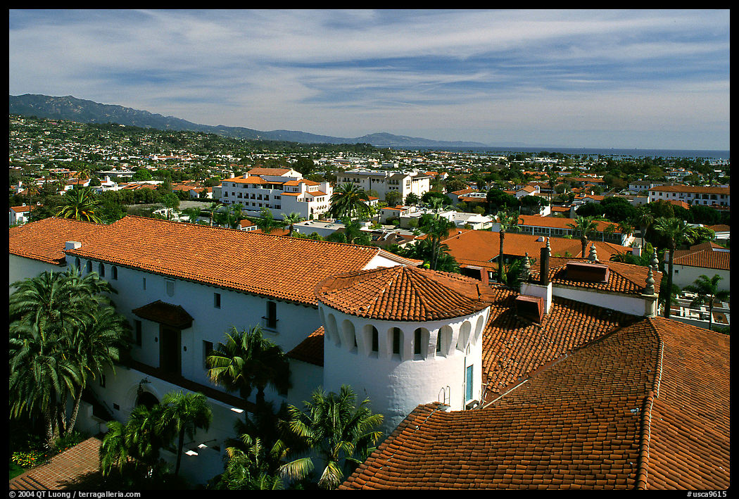 Red tile rooftoops of the courthouse, Santa Barbara. California, USA