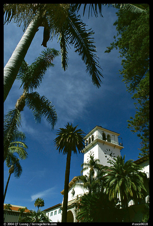 Palm trees and  courthouse, Santa Barbara. California, USA