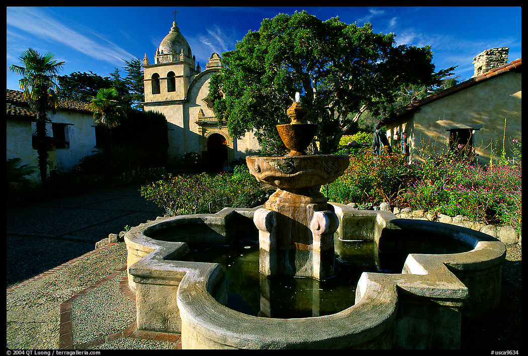 Fountain and chapel, Carmel Mission. Carmel, California, USA