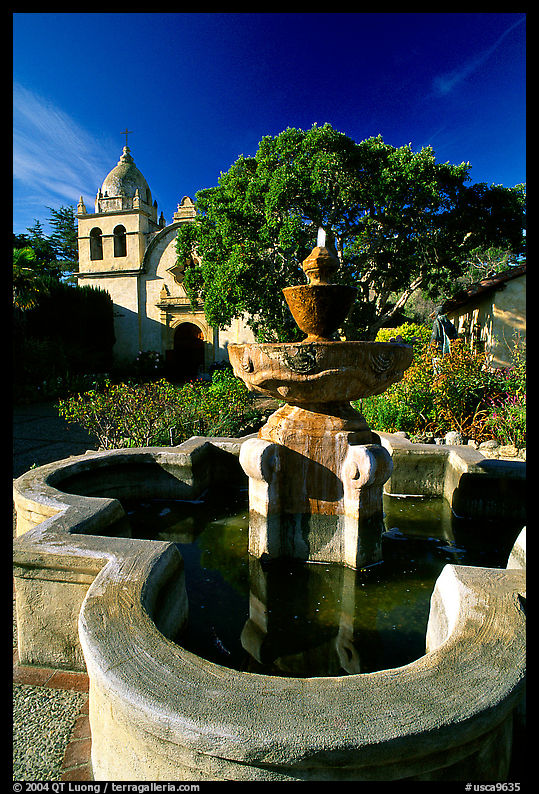 Fountain and chapel, Carmel Mission. Carmel, California, USA
