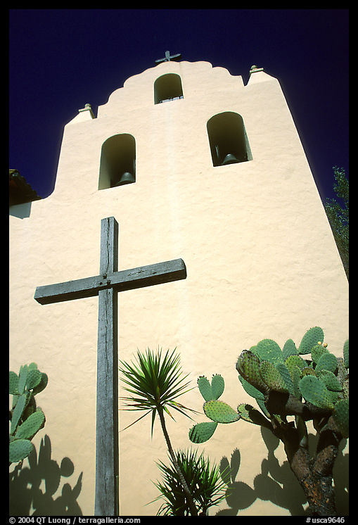 Cross and bell tower, Mission Santa Inez. California, USA