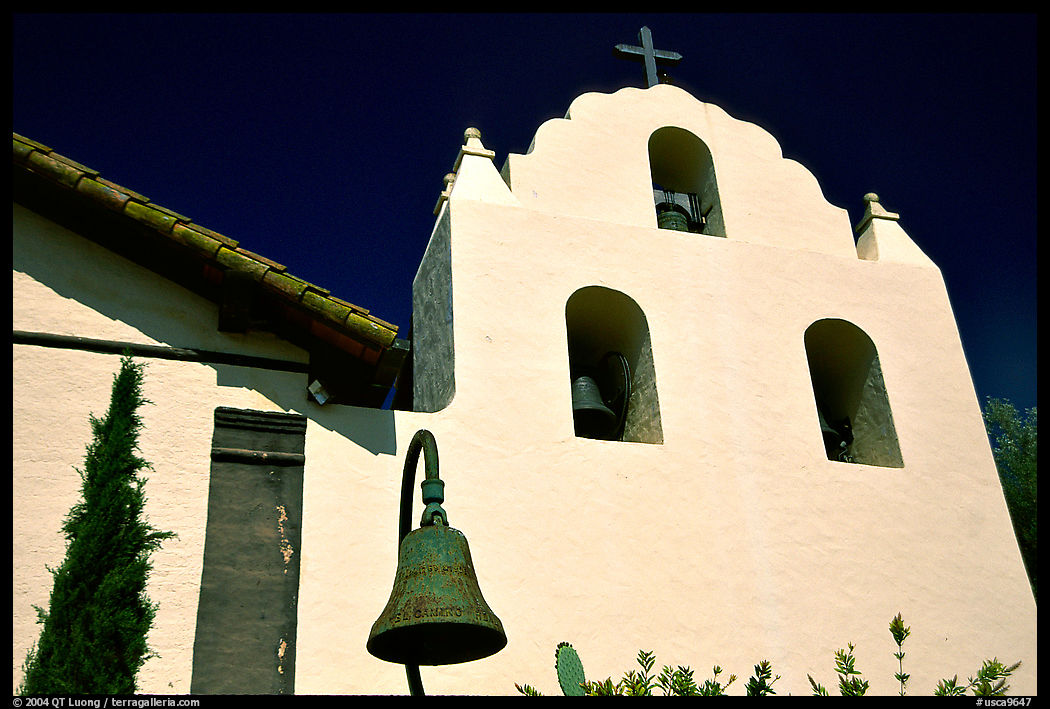 Cross and bell tower, Mission Santa Inez. California, USA