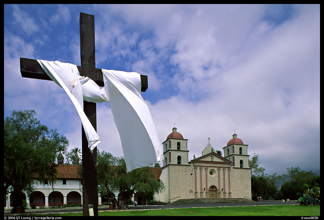 Cross and Mission Santa Barbara, Santa Barbara, morning. California, USA